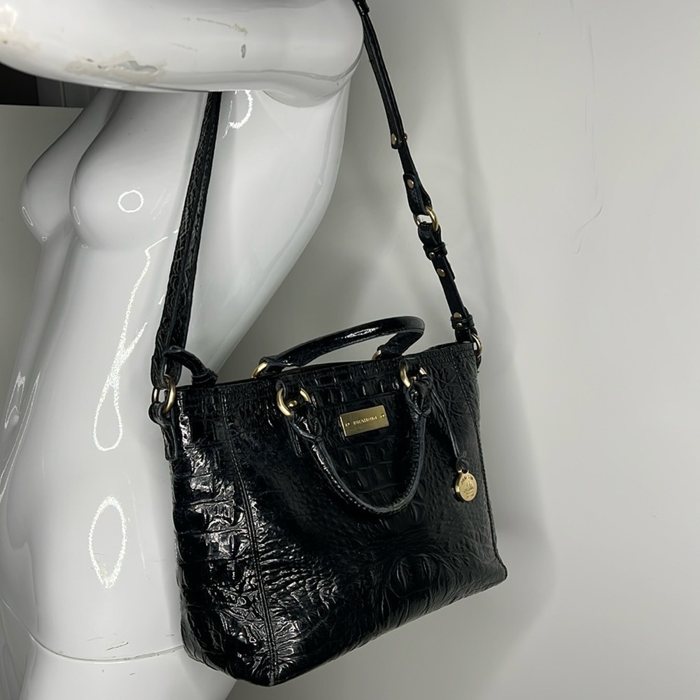 Brahmin Arno Black Patent Croc Caryall Tote Shoulder Zip Double Handle Bag